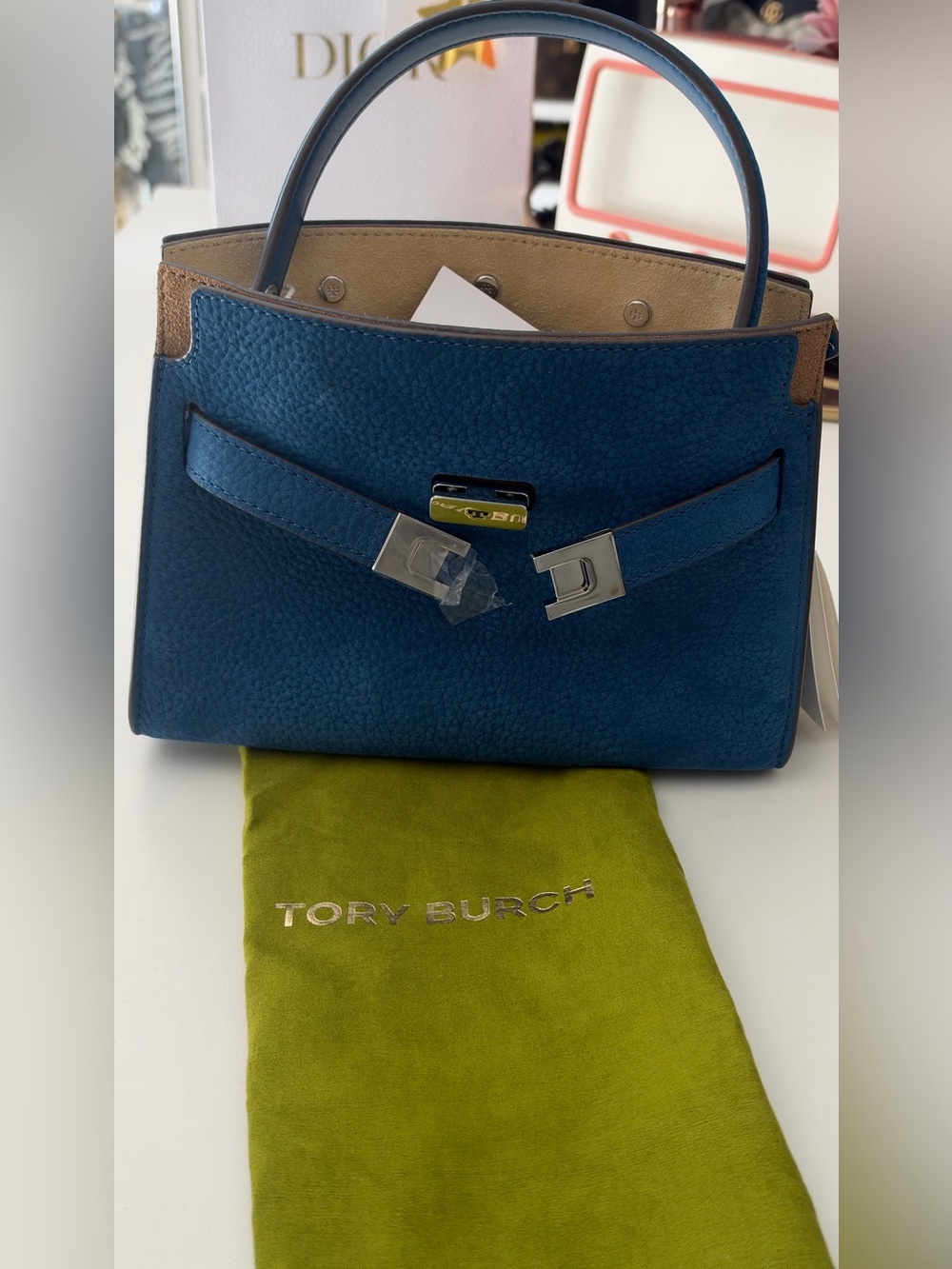 Tory Burch Petite Lee Radziwill Blue Pebbled Leather  Bag with Olive Dust Bag